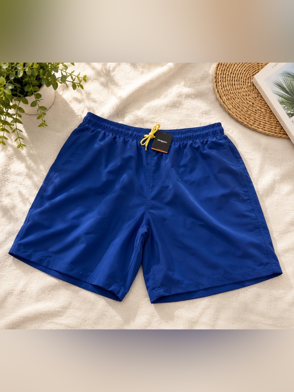 Men's Cobalt Blue Swim Trunks with Yellow Drawcord